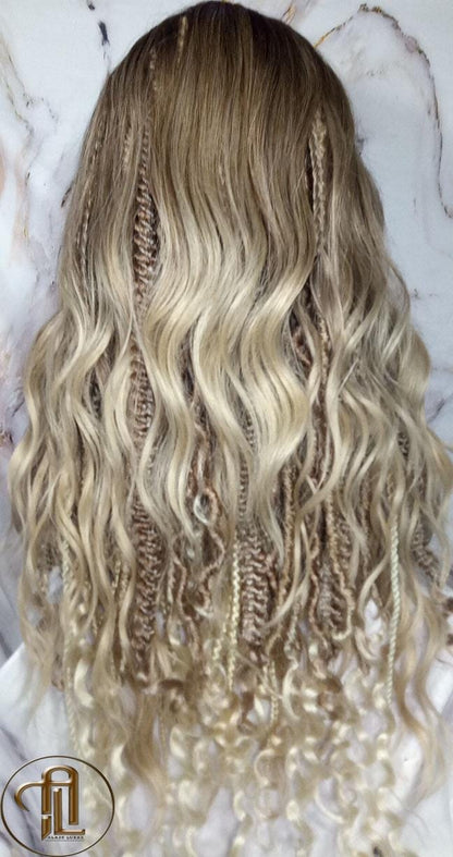 Dread Braid Bangs Full Wig Twist Soft Crochet Boho Synthetic Dread Braid Bohemian Dark Root Ombre Brown Blonde Long Wavy Curly Balayage Wig