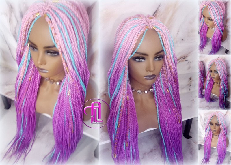 Ombre Pink Purple Blue 24 Inch Long Soft Senegalese Twist Ombre Braids Hair Synthetic Braiding Hair Extension Unicorn accents