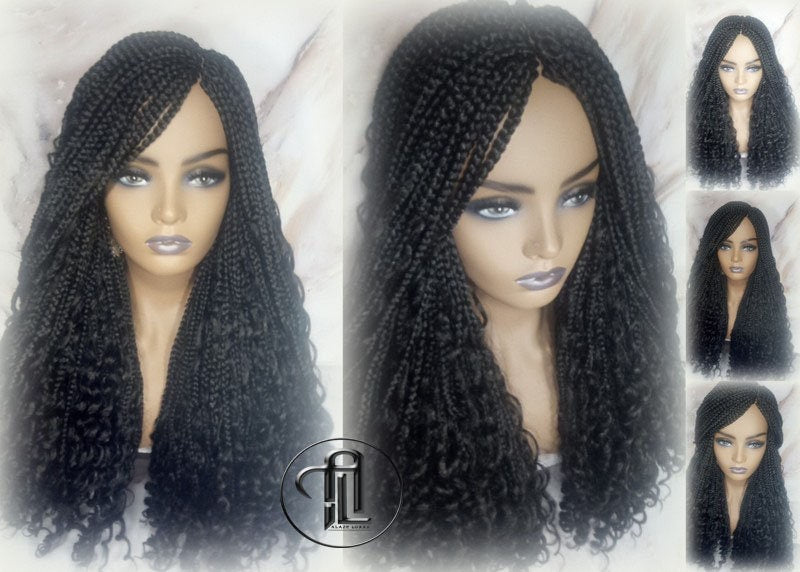 Black boho curly box braids 1b Box Braid Wig Long Medium Straight bohemian gypsy Curly Box Braids