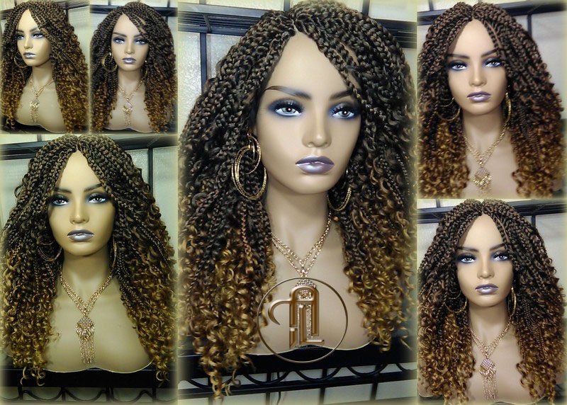 Box Braid Boho Short Curly Wig 14in Brown Auburn 30 27 Honey blonde Distressed Goddess Box Braids Loose Curly Hair Ready to ship
