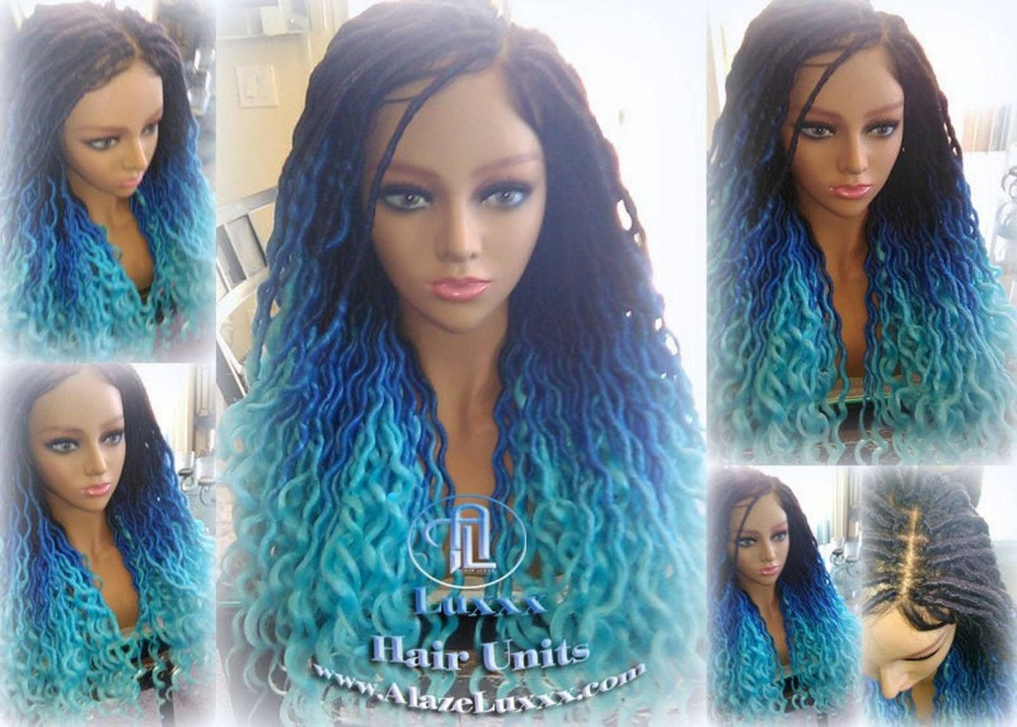 Blue Ombre Goddess Faux Locs Lace Closure w Baby Hairs Faux Loc Wig 4x4 Wig Mermaid curly long rainbow boho bohemian braids wig