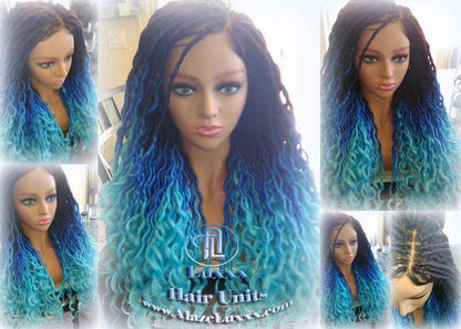 Blue Ombre Goddess Faux Locs Lace Closure w Baby Hairs Faux Loc Wig 4x4 Wig Mermaid curly long rainbow boho bohemian braids wig