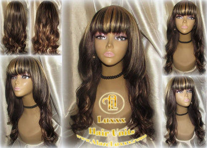 China Chinese Bang Virgin Hair Unit Wig Brown Honey Blonde Ombre Straight Hair Highlights Balayage Brown 27  dark roots Alopecia Wig Stylist