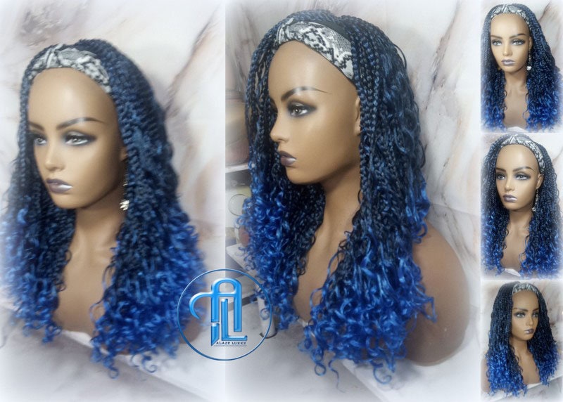 Blue Ombre Headband Braid Wig Goddess Box Braids Mermaid Boho curly bohemian braids Gradient Hair Short Curly 14 16in Viking Braids