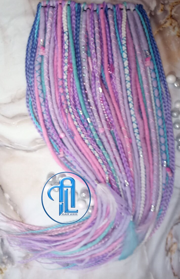 Purple Unicorn Cotton Candy Single Ended SE Set Crochet Boho Dread Braid Extensions Kawaii Festival Hair Teddy Bear Charms Hair Pink Blue