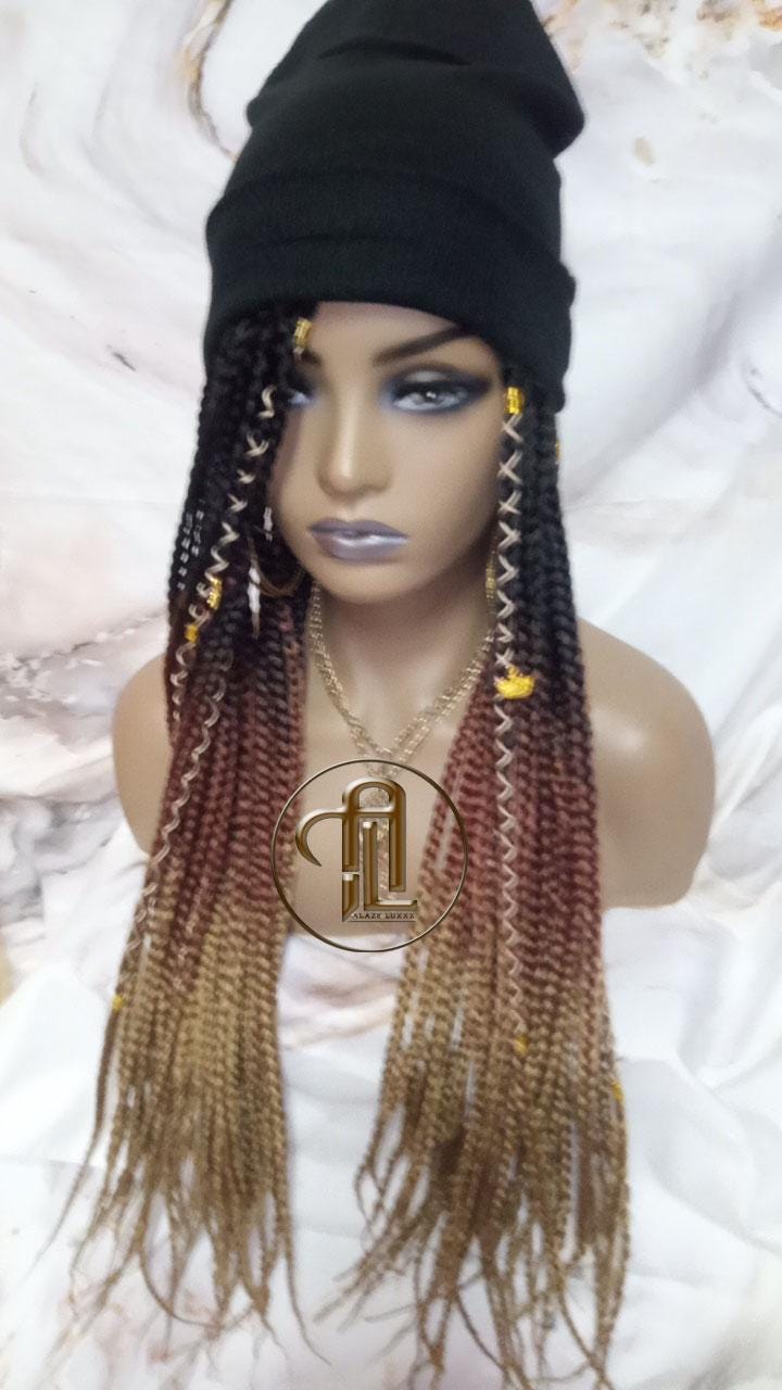 Beanie Hat Black Brown Blonde Ombre Box Braid Boho Style Long Hat Beanie Braided Hat Winter fall fashion Cap Wig Hat Chemo Hat Alopecia