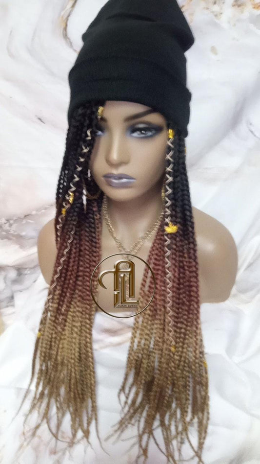 Beanie Hat Black Brown Blonde Ombre Box Braid Boho Style Long Hat Beanie Braided Hat Winter fall fashion Cap Wig Hat Chemo Hat Alopecia