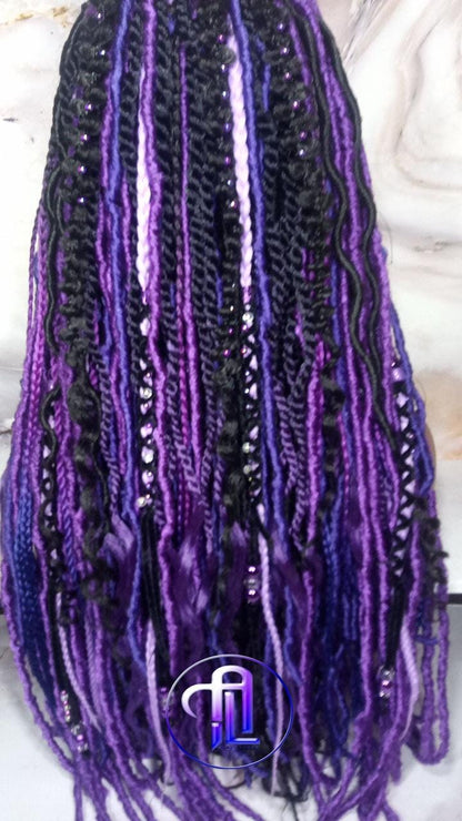Full Lace Braid Dread Wig Black Purple Ombre Lavendar Goddess Faux Loc Wig Mermaid long rainbow boho bohemian braids wig