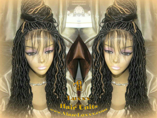 Faux Locs Synthetic Goddess LONG 4x4 Lace Closure w Baby Hairs Dread Wig Wavy Black Dreads Honey Blonde 27 Carnival Cosplay Rave Raver TREND