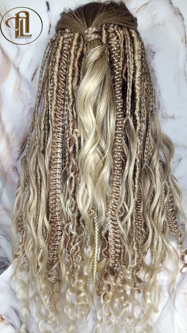 Dread Braid Bangs Full Wig Twist Soft Crochet Boho Synthetic Dread Braid Bohemian Dark Root Ombre Brown Blonde Long Wavy Curly Balayage Wig