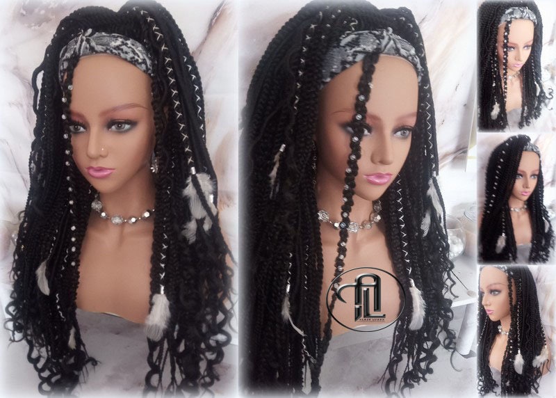 Black 1B Headband Wig Braids Dreads Mix Set Twist Soft Crochet Boho Dread Braid Set Bohemian extensions Goddess Faux Locs Partial Dreads Wig