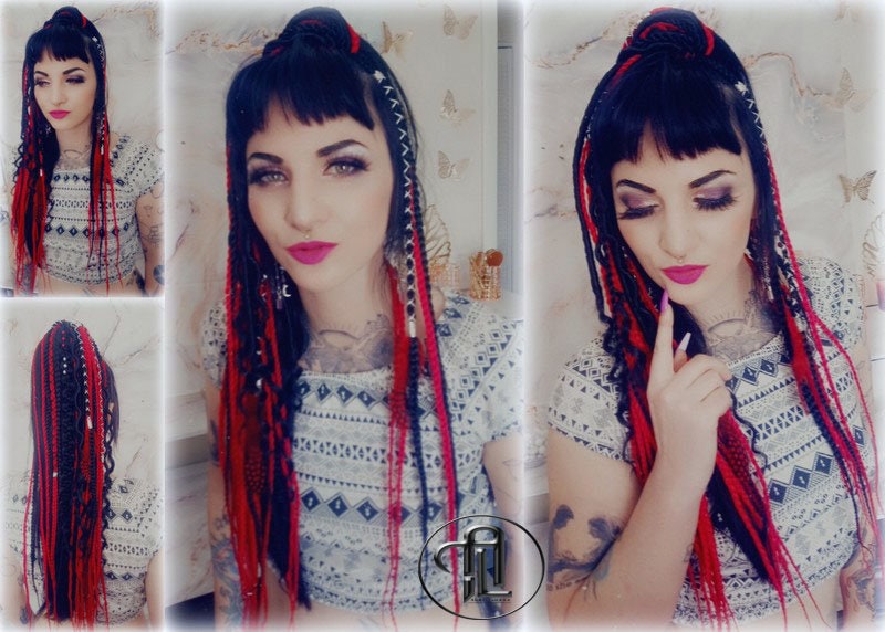 Red Rave Ponytail Hair Fall Viking Extensions Black Red Elements Accents Feathers synthetic box braids hair scrunchie Cosplay Anime