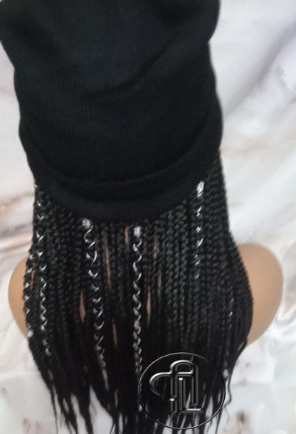 Beanie Hat Black Box Braid Boho Style Long Hat Beanie Braided Hat Winter fall fashion Cap Wig Hat Chemo Hat Alopecia Silver Accents Charms