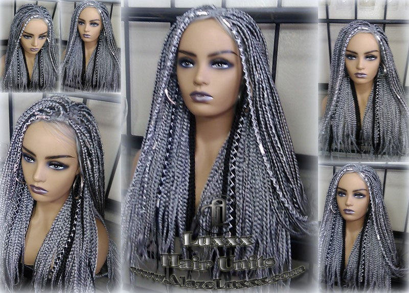 Box Braid 44 51 Wig Grey Gray Black 1b Silver Metallic Chrome Lace Baby Hair Storm Long Medium Straight Glueless! Braid Lace Wig