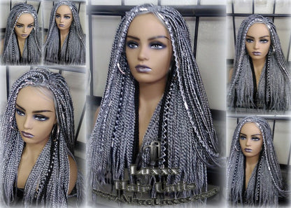 Box Braid 44 51 Wig Grey Gray Black 1b Silver Metallic Chrome Lace Baby Hair Storm Long Medium Straight Glueless! Braid Lace Wig