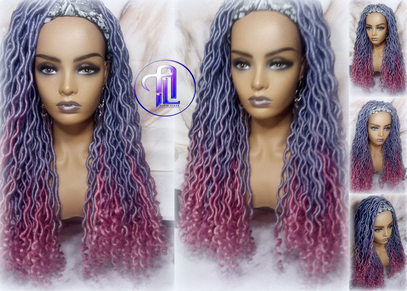 Headband Wig Unicorn Ombre Goddess Boho Locs Purple Pink Faux Locs Crochet Synthetic Dread Curly Ends Braided Hair Fall