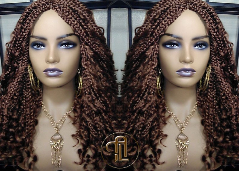 Box Braid Boho Short Curly Wig 14in Brown Auburn 30 Distressed Goddess Box Braids Loose Curly Hair SAME DAY SHIPPING - Ready to Ship