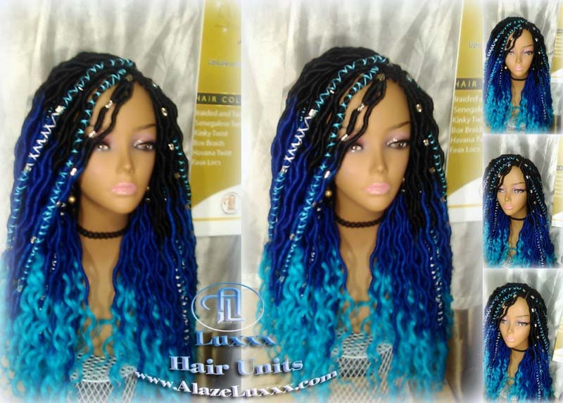 Blue Ombre Goddess Faux Locs Mermaid curly long distressed bohemian braids Natural dreads locs Wig for Black women Gift for women