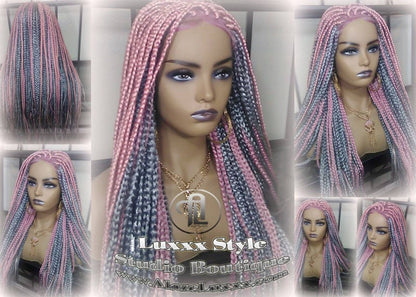 Pink Grey Mermaid Wig Box Braids braided Synthetic hair Lace closure Baby hair Light Pink wig pink extensions stage hair gypsy Boho