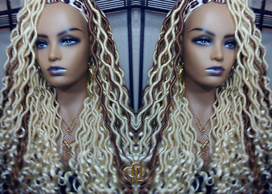 Headband Wig Blonde 613  27 Platinum Honey Blonde Goddess Faux Loc Gypsy Bohemian Boho Wig Blonde Wavy Waterfall Hair Crochet Braided Wig
