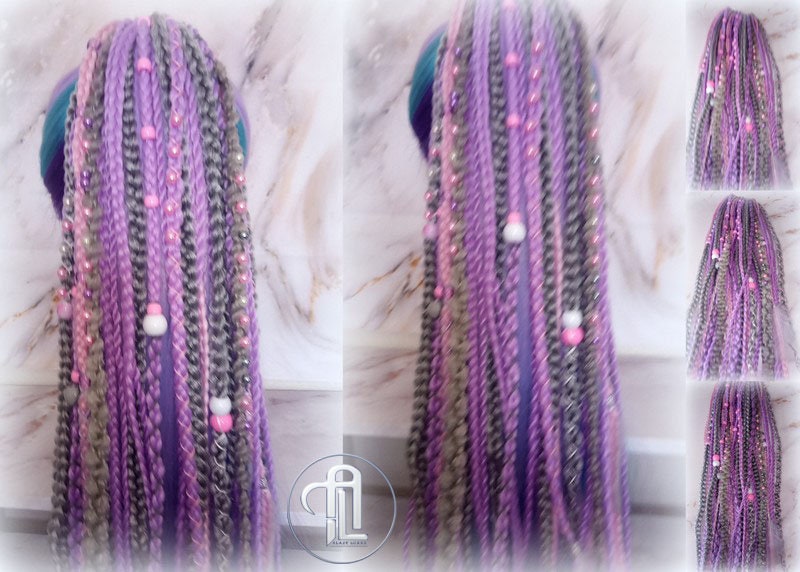 Ponytail Hair Fall Extensions Purple Pink Grey Elements Accents Feathers synthetic box braids hair scrunchie clip in Clip on Braids
