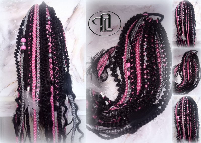 Ponytail Hair Fall Extensions Black Pink Grey Ombre Elements Accents Feathers synthetic box braids hair scrunchie clip in Clip on Braids