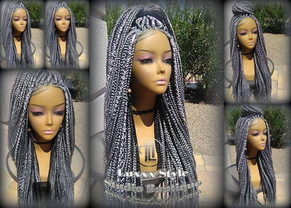 Grey Gray Silver Lace Baby Hair Box Braid 44 51 Wig Storm Long Medium Straight Glueless! Braid Lace Wig Pre Stretched Braiding Hair