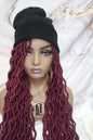 Beanie Hat Burgundy wavy faux locs Boho Style Long Hat Beanie Braided Hat Winter fall fashion Cap Wig Hat Chemo Hat Alopecia