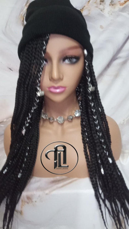 Beanie Hat Black Box Braid Boho Style Long Hat Beanie Braided Hat Winter fall fashion Cap Wig Hat Chemo Hat Alopecia Silver Accents Charms