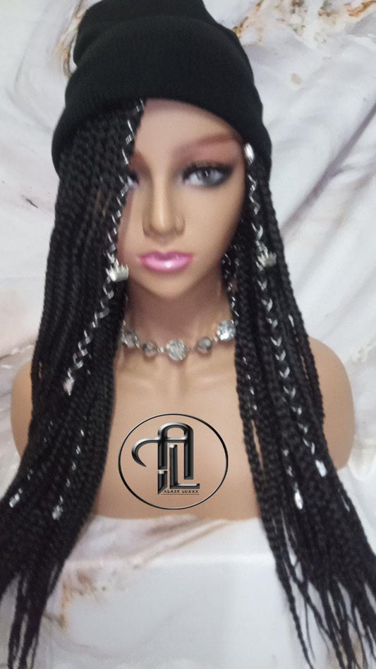 Beanie Hat Black Box Braid Boho Style Long Hat Beanie Braided Hat Winter fall fashion Cap Wig Hat Chemo Hat Alopecia Silver Accents Charms