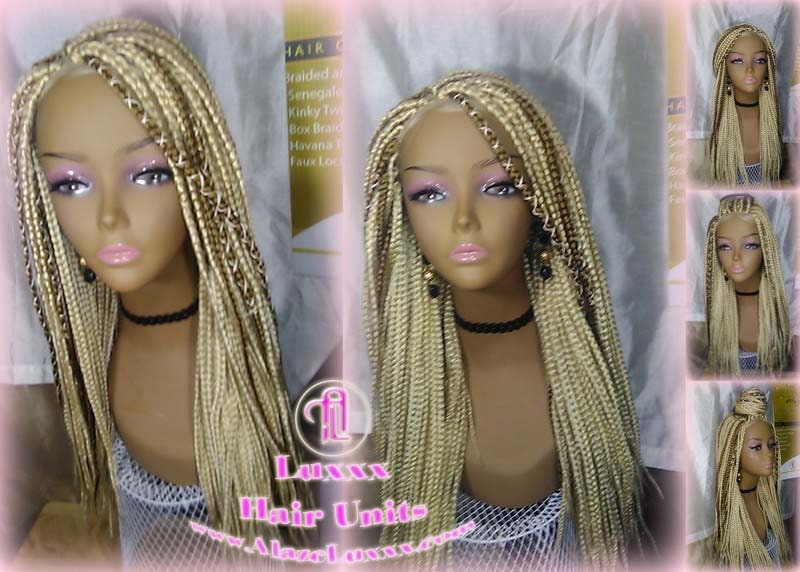 Blonde 613 27 Honey Blonde Platinum Lace Baby Hair Box Braid Wig Unit Small Medium Straight Glueless! Braid Lace Wig Xpressions Hair