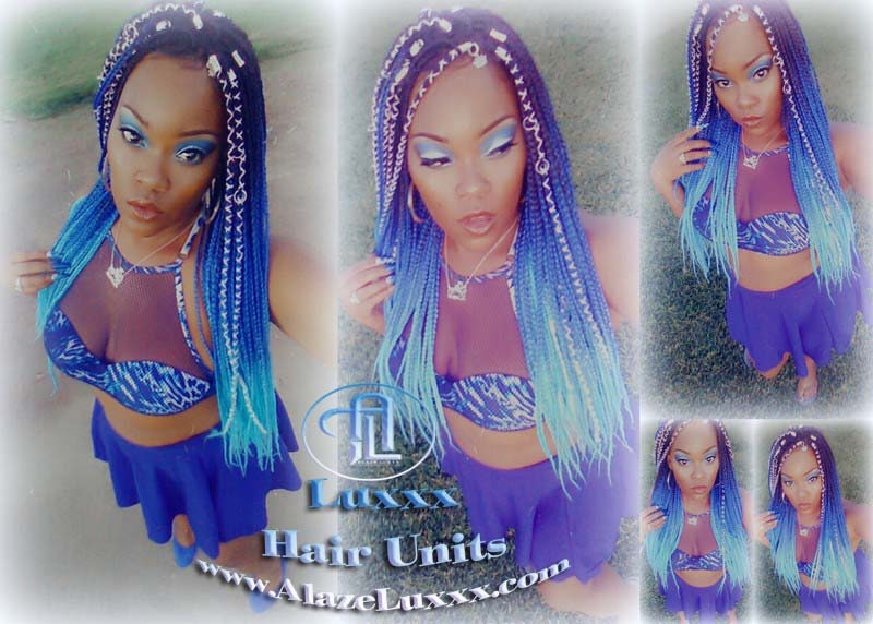 Ombre Blue Mermaid Hair Box Braids Wig Multi Color  Blue  Ombre Box braids wigs 3 tones box braids wig, wig, long length wigs, Braided wigs