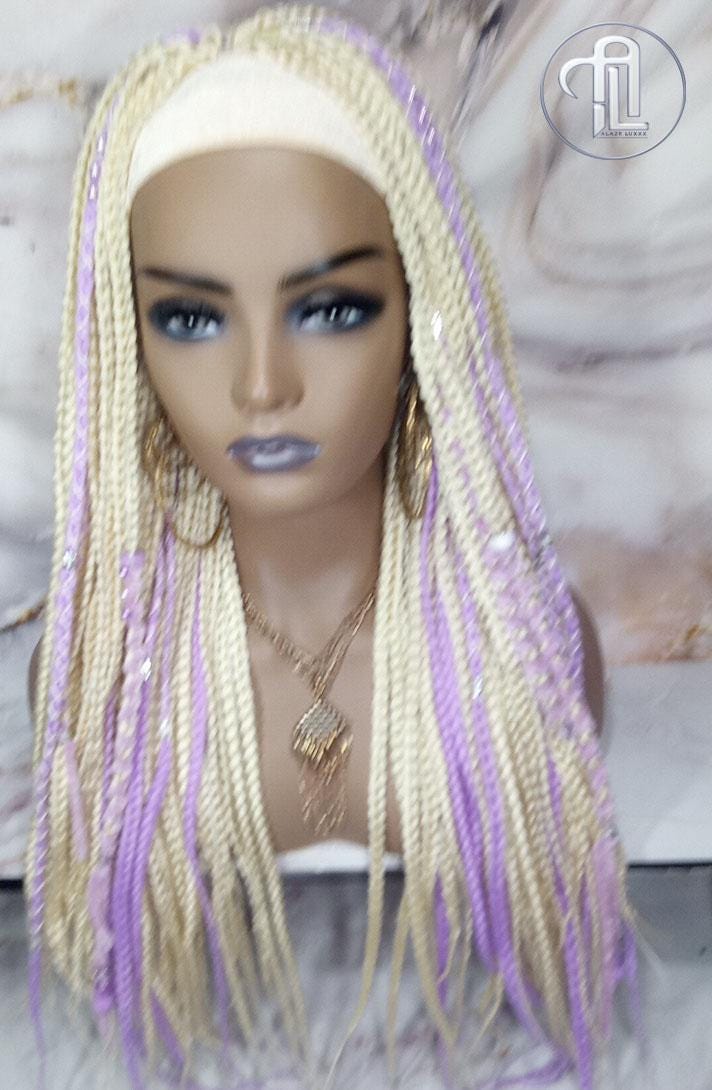 Headband Wig Blonde 613 Platinum Purple Lavendar Box Braids Gypsy Bohemian Boho Box Braids Long Straight Plaits Braided Wig Viking