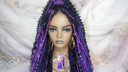 Full Lace Braid Dread Wig Black Purple Ombre Lavendar Goddess Faux Loc Wig Mermaid long rainbow boho bohemian braids wig