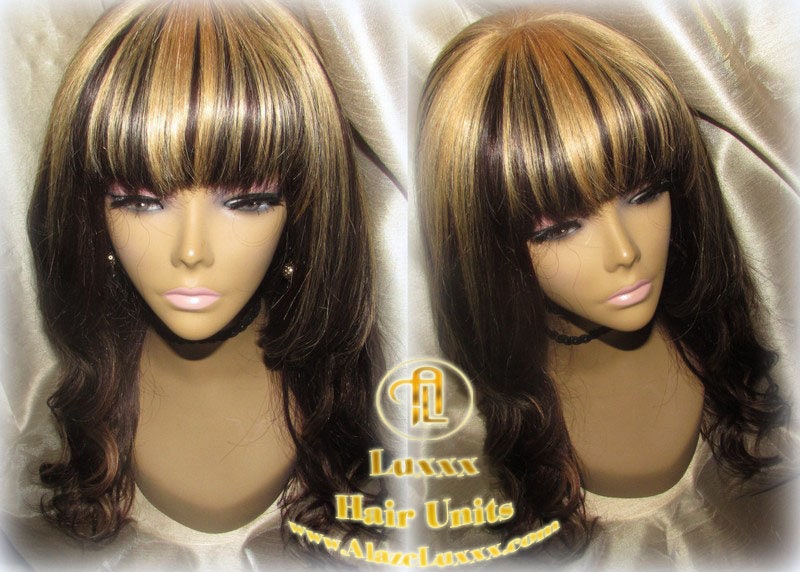 China Chinese Bang Virgin Hair Unit Wig Brown Honey Blonde Ombre Straight Hair Highlights Balayage Brown 27  dark roots Alopecia Wig Stylist
