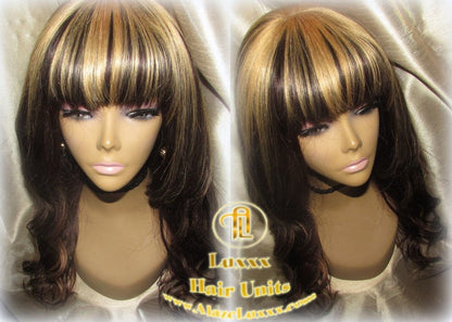 China Chinese Bang Virgin Hair Unit Wig Brown Honey Blonde Ombre Straight Hair Highlights Balayage Brown 27  dark roots Alopecia Wig Stylist