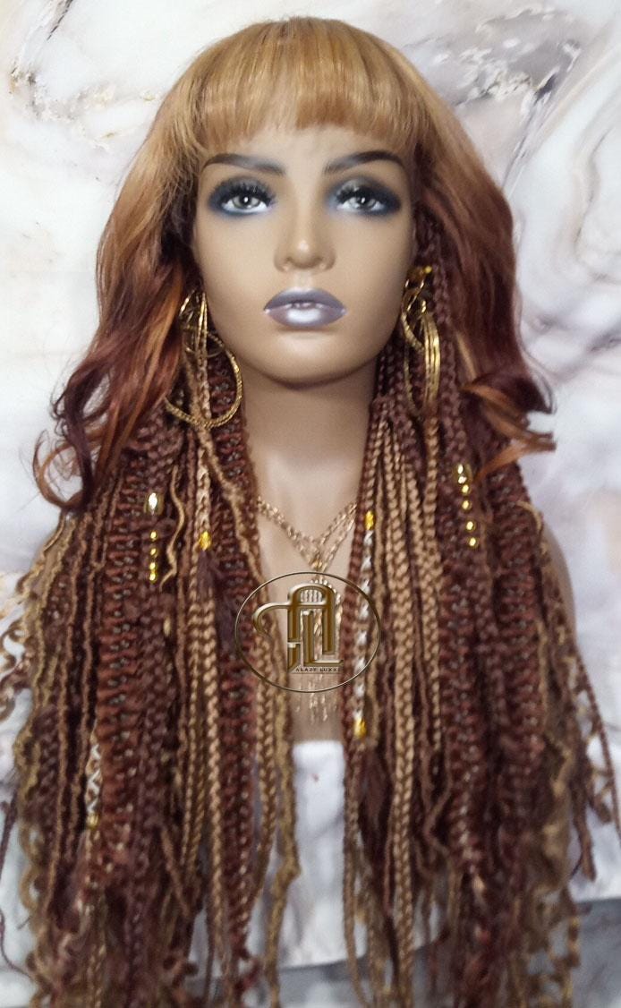 Lace Frontal Human Hair Dread Braid Twist Boho Synthetic China Bang Bohemian Ombre Brown Blonde Long Wavy Curly Balayage Wig Viking Wig