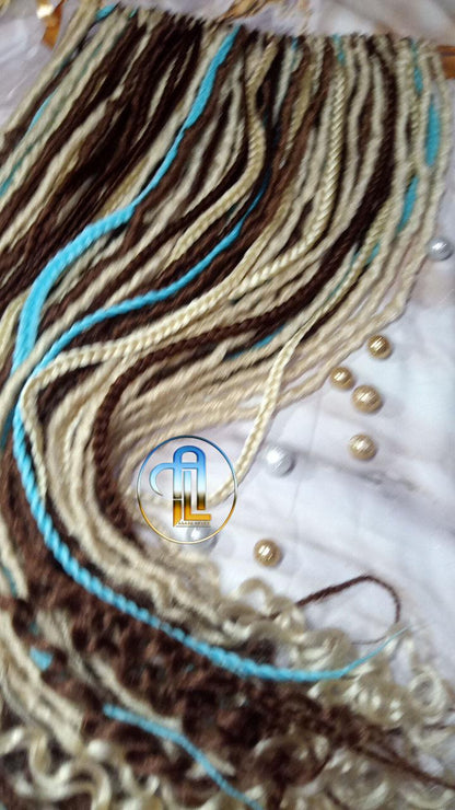 Brown Blonde Blue Set Soft boho Bohemian dreadlocks textured braids wavy dreads  SE Full set Curls dreads and Braids Dragon Braids Locs