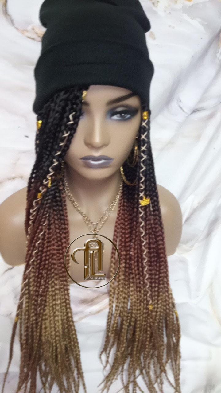 Beanie Hat Black Brown Blonde Ombre Box Braid Boho Style Long Hat Beanie Braided Hat Winter fall fashion Cap Wig Hat Chemo Hat Alopecia