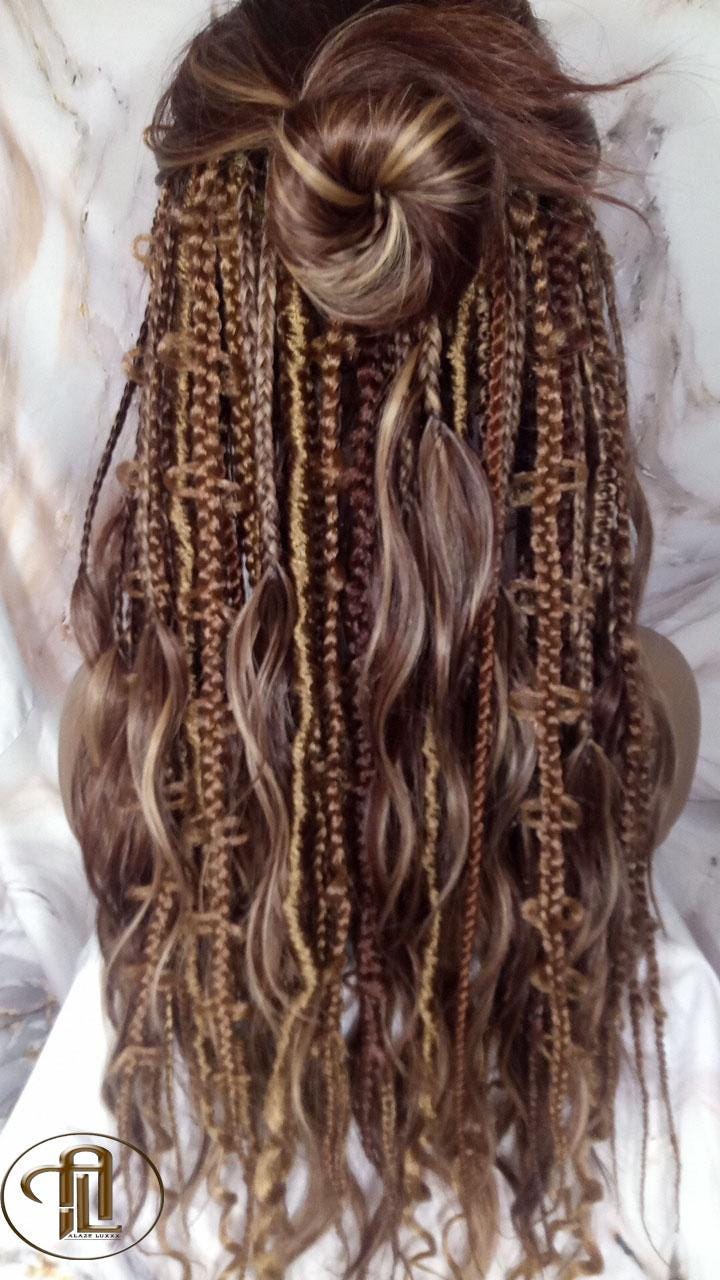 Full Wig Dread Braid Bangs Twist Soft Crochet Boho Synthetic Dread Braid Bohemian Dark Root Ombre Brown Blonde Long Wavy Curly Balayage Wig