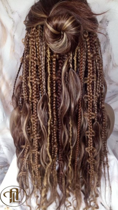 Full Wig Dread Braid Bangs Twist Soft Crochet Boho Synthetic Dread Braid Bohemian Dark Root Ombre Brown Blonde Long Wavy Curly Balayage Wig