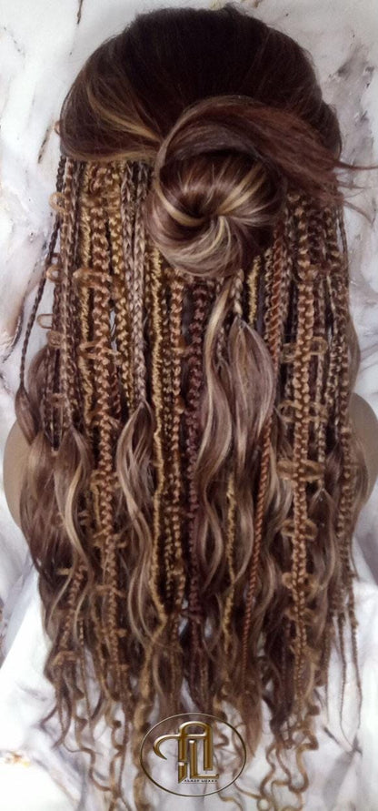 Full Wig Dread Braid Bangs Twist Soft Crochet Boho Synthetic Dread Braid Bohemian Dark Root Ombre Brown Blonde Long Wavy Curly Balayage Wig
