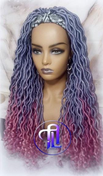 Headband Wig Unicorn Ombre Goddess Boho Locs Purple Pink Faux Locs Crochet Synthetic Dread Curly Ends Braided Hair Fall