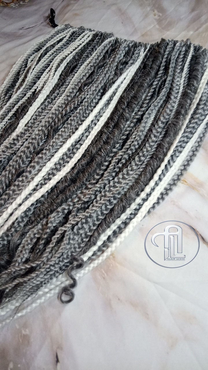 Grey Single Ended SE 100 Piece Set Kit Mixed Soft Crochet Boho Dread Braid Hair Wraps Extensions Textured Natural Realistic Silver White
