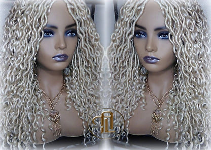 613 Blonde Goddess Faux Locs 14in Short Braid Wig Platinum White Blonde Marley Dred Lock Wig Gypsy Bohemian Boho Lace Part