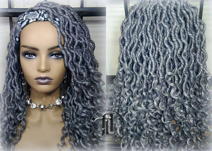 Headband Wig Short 14in Goddess Faux Dread Locs Salt N Pepper 44 51 Gypsy Boho Silver Grey Gray Platinum Storm Wig Unit Wavy READY TO SHIP