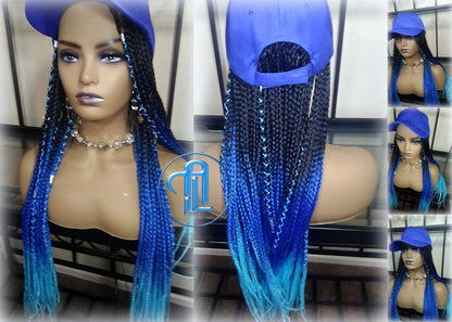 Blue Ombre Box Braid Hat Wig  Gym Hat Baseball Cap  Braided Hat Wig Women’s Hair Summer Hat Winter Hat Hair Cap Wig Hat Chemo Hat Alopecia
