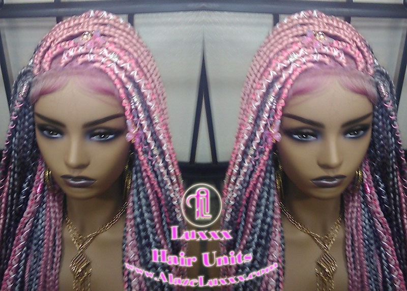 Pink Grey Mermaid Wig Box Braids braided Synthetic hair Lace Baby hair Light Pink wig pink extensions stage hair gypsy Boho Butterfly