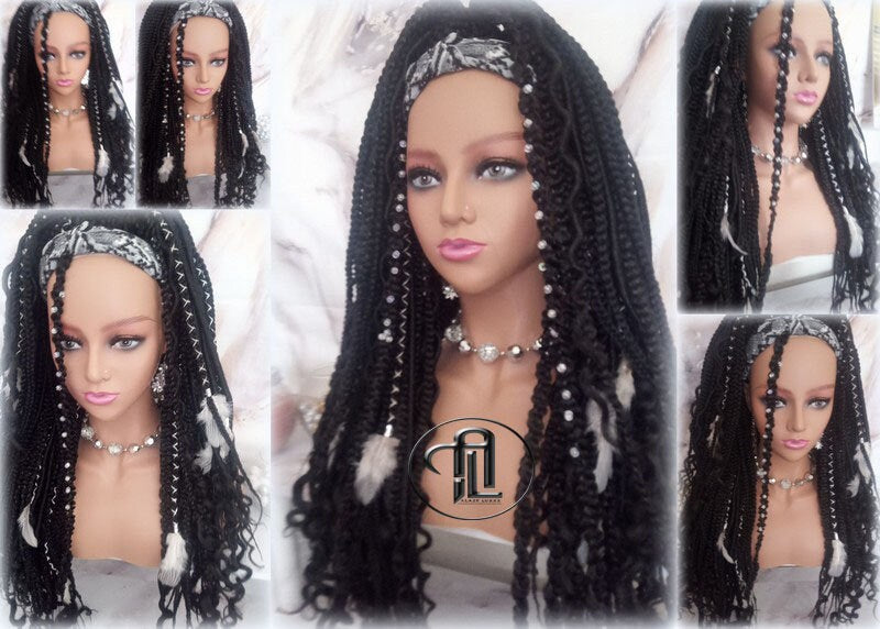 Black 1B Headband Wig Braids Dreads Mix Set Twist Soft Crochet Boho Dread Braid Set Bohemian extensions Goddess Faux Locs Partial Dreads Wig