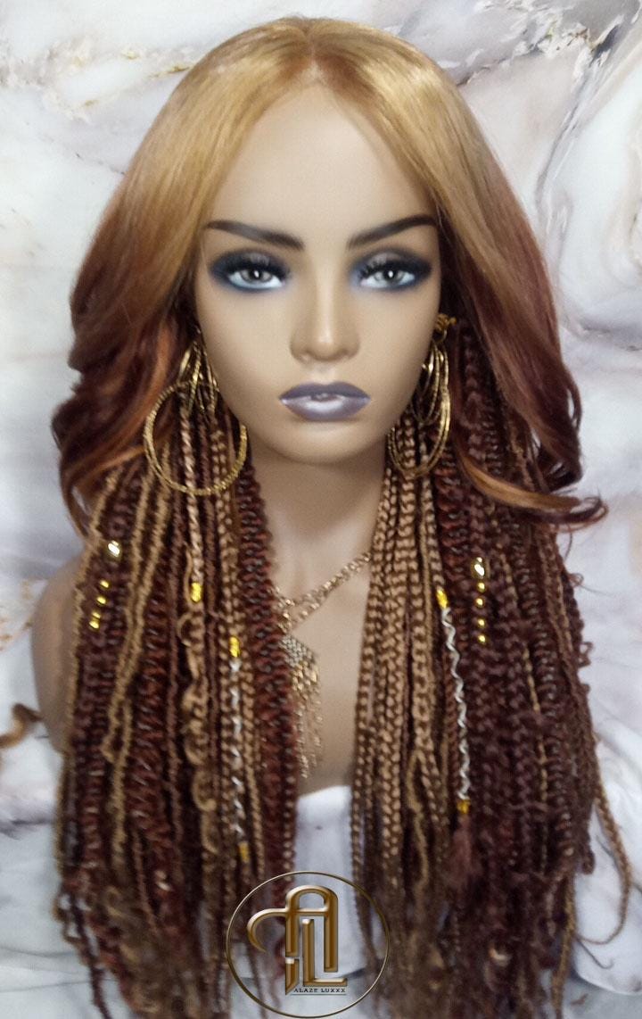Human Hair Lace Frontal Dread Braid Twist Boho Synthetic Middle Part Bohemian Ombre Brown Blonde Long Wavy Curly Balayage Wig Viking Wig